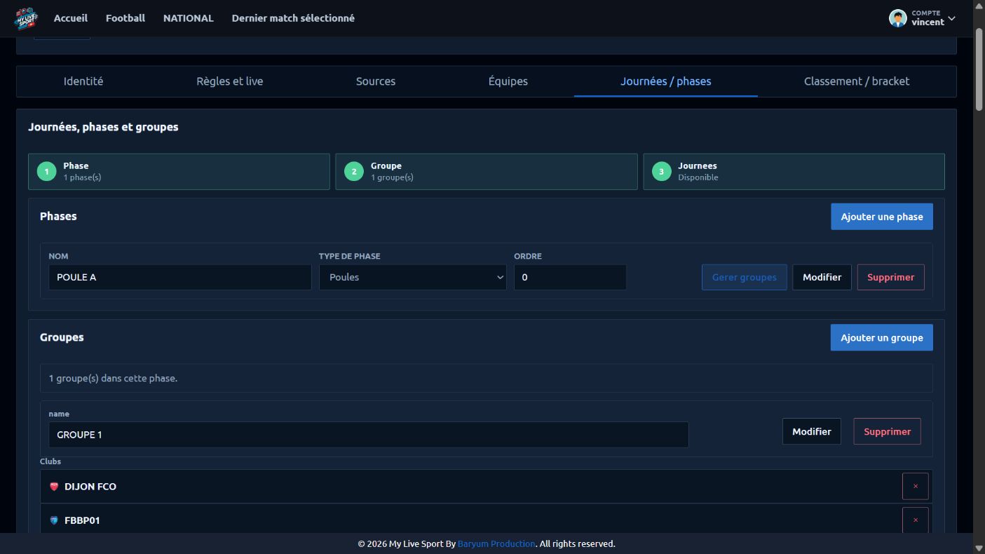 Configuration d’un championnat où la phase et le groupe existent et les journées sont disponibles.