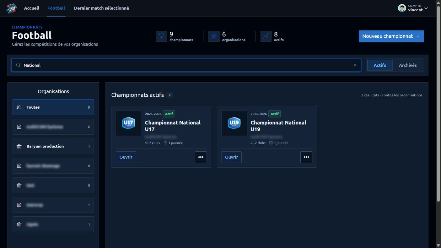 Liste actuelle des championnats, avec recherche, filtres Actifs et Archivés, organisations et bouton Nouveau championnat.