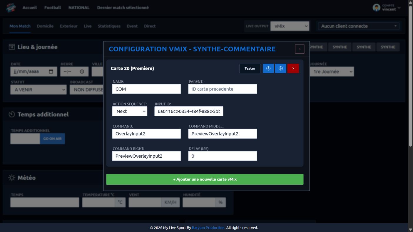 Carte vMix du bouton COM : nom, parent, séquence, Input ID, commandes principale, molette et clic droit, délai et bouton Tester.