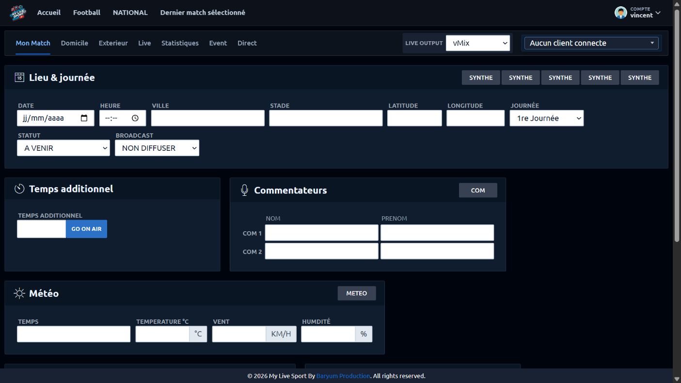 Configuration commune vMix : sélecteur Live output en haut, boutons SYNTHE et bouton COM dans le bloc Commentateurs.