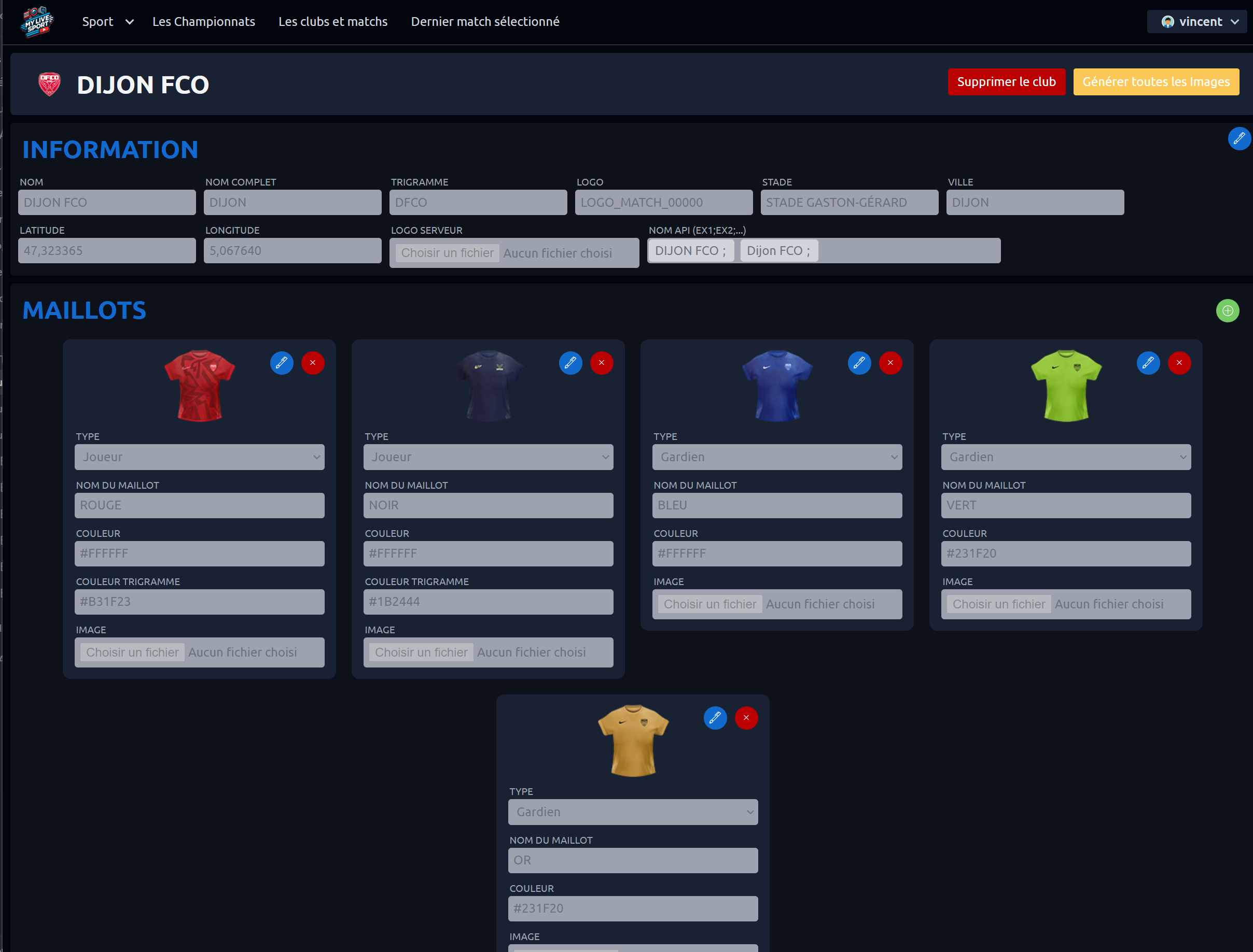 Écran de configuration club, maillots et effectif